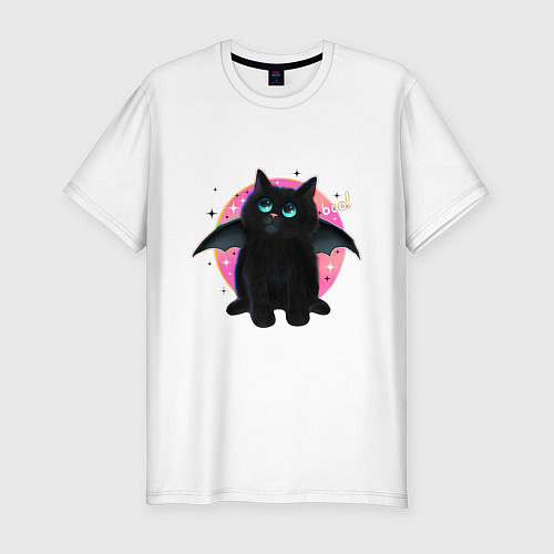 Мужская slim-футболка Черный котенок летучая мышь хэллоуин / Белый – фото 1