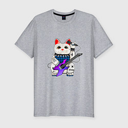 Мужская slim-футболка Рок кот нэко с микрофоном и гитарой