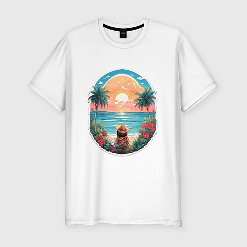 Мужская slim-футболка Прекрасный закат на море / Белый – фото 1