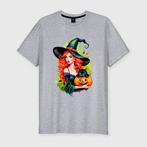 Мужская slim-футболка Рыжая ведьма с тыквой и черным котом / Меланж – фото 1