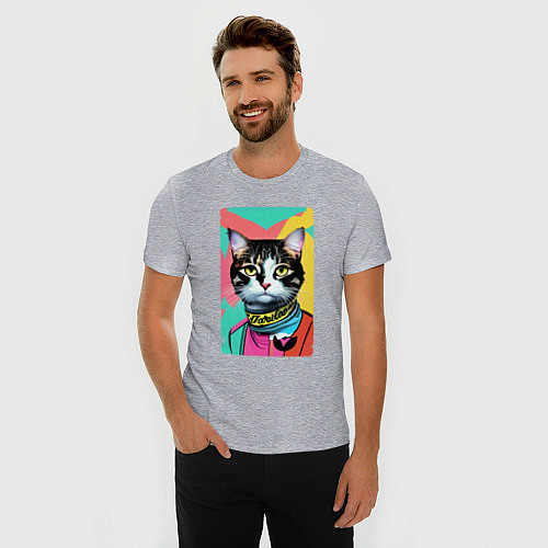 Мужская slim-футболка Pop art cat - neural network / Меланж – фото 3