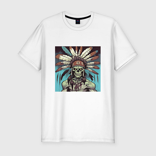 Мужская slim-футболка Индеец зомби с перьями на голове / Белый – фото 1