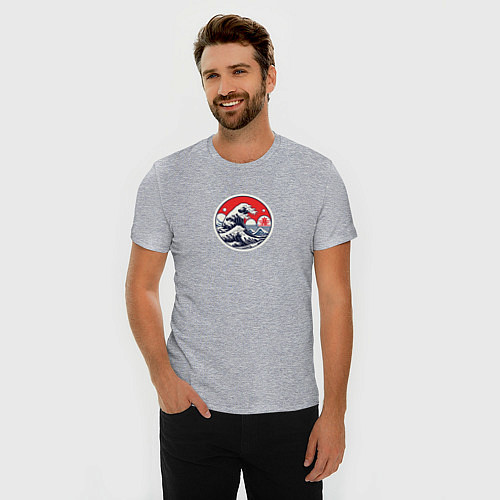 Мужская slim-футболка Большая волна в Канагаве в круге / Меланж – фото 3