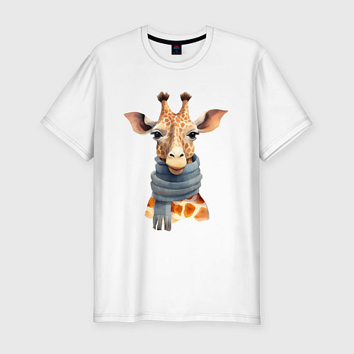 Мужская slim-футболка Жираф в шарфе Осень / Белый – фото 1