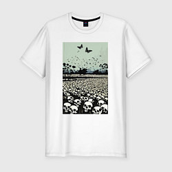 Мужская slim-футболка Черепа и бабочки - психоделический пейзаж