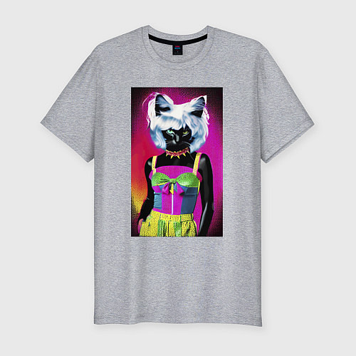 Мужская slim-футболка Cat fashionista - pop art - neural network / Меланж – фото 1