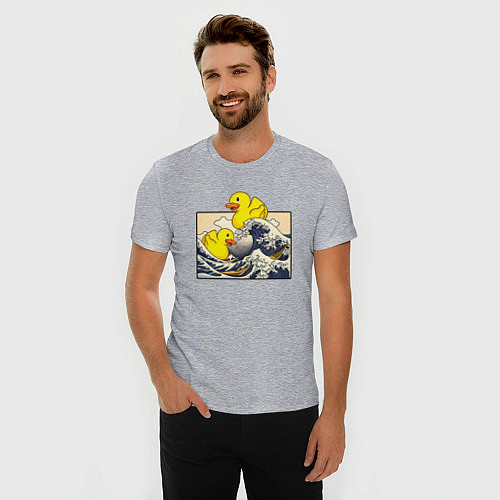 Мужская slim-футболка Уточка на волне в Канагаве / Меланж – фото 3