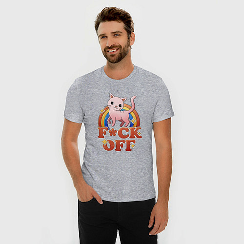 Мужская slim-футболка F*ck off cat retro / Меланж – фото 3