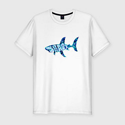 Мужская slim-футболка Акула из мозаики цвета моря с надписью shark