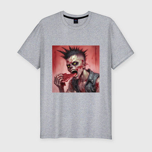 Мужская slim-футболка Зомби панк в джинсовке ест мясо / Меланж – фото 1