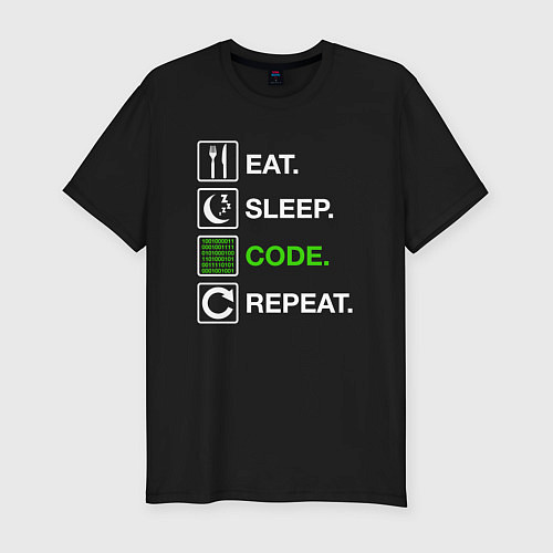 Мужская slim-футболка Eat Sleep Code Repeat / Черный – фото 1