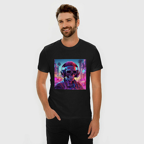 Мужская slim-футболка Скелет с кудрявыми волосами / Черный – фото 3