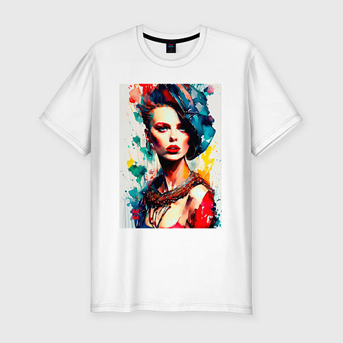 Мужская slim-футболка MoMo - женщина в синей шляпе / Белый – фото 1