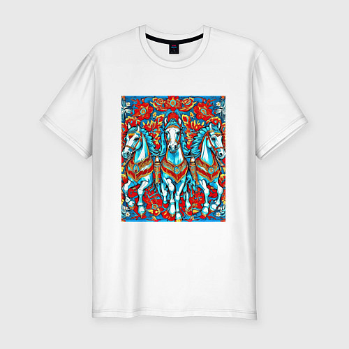 Мужская slim-футболка Русская тройка лошадей / Белый – фото 1