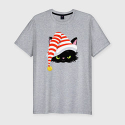 Мужская slim-футболка Новогодний черный кот в новогоднем колпаке