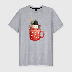 Мужская slim-футболка Снеговик в кружке кофе