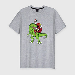 Мужская slim-футболка Санта на динозавре