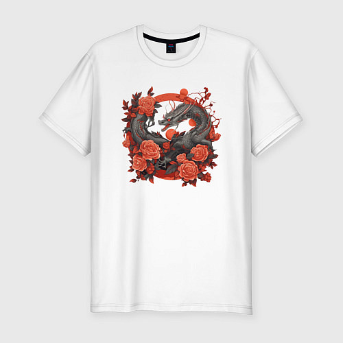 Мужская slim-футболка Дракон в розах / Белый – фото 1