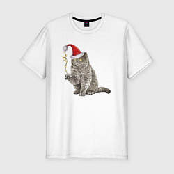 Мужская slim-футболка Пушистый котик новогодний