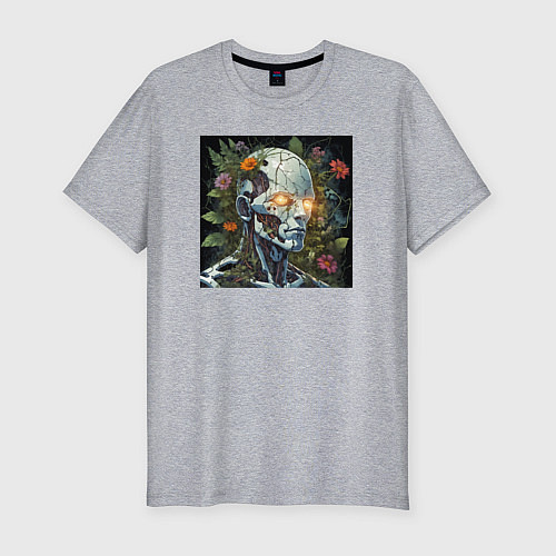 Мужская slim-футболка Киборг с треснувшей головой и растениями / Меланж – фото 1