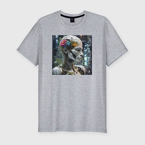 Мужская slim-футболка Киборг с треснувшей головой полной растений / Меланж – фото 1