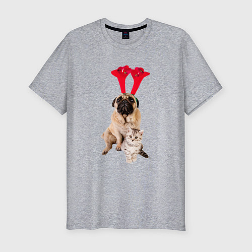 Мужская slim-футболка Мопс с ушками и котёнок / Меланж – фото 1