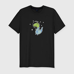 Мужская slim-футболка Мультяшный динозавр космонавт в скафандре