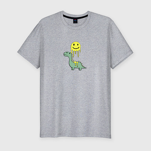 Мужская slim-футболка Мультяшный динозавр и стекающий смайлик / Меланж – фото 1