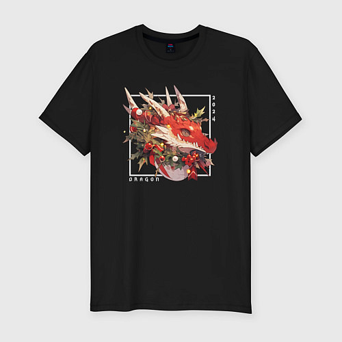 Мужская slim-футболка Christmas red dragon / Черный – фото 1