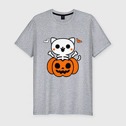 Мужская slim-футболка Веселый кот-скелет в тыкве - Хэллоуин