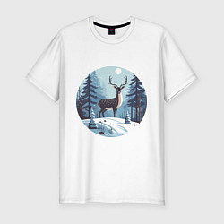 Мужская slim-футболка Зимняя сказка олень в лесу