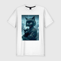 Мужская slim-футболка Модная кошечка с котёнком - киберпанк