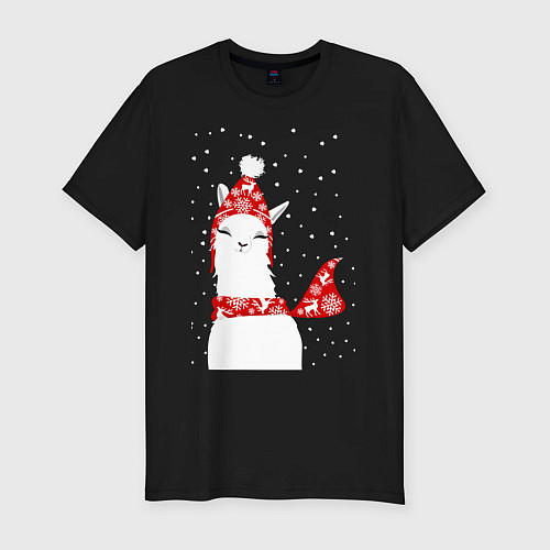 Мужская slim-футболка Лама - альпака в шапочке и шарфе / Черный – фото 1