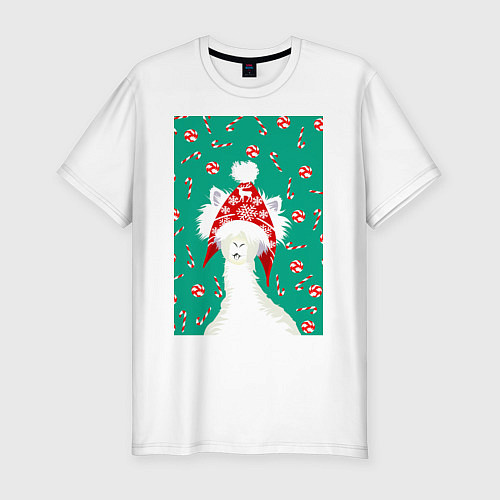 Мужская slim-футболка Лама - альпака в ушанке / Белый – фото 1