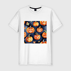 Мужская slim-футболка Хэллоуинские тыквы акварель