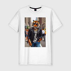Футболка slim-fit Cool tiger on the streets of New York - ai art, цвет: белый