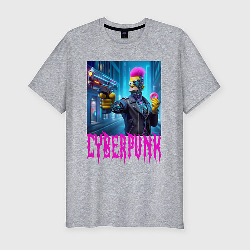 Мужская slim-футболка Homer Simpson with a gun and a donut - cyberpunk - / Меланж – фото 1