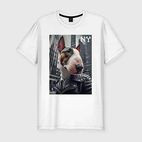 Мужская slim-футболка Dude bull terrier in New York - ai art / Белый – фото 1