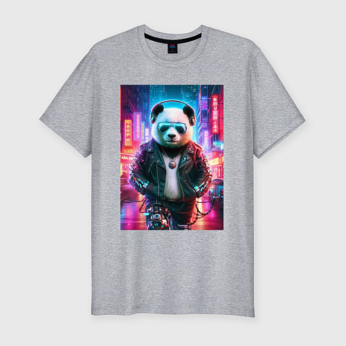 Мужская slim-футболка Панда в ночном Пекине - киберпанк - нейросеть / Меланж – фото 1