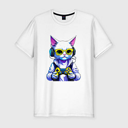 Мужская slim-футболка Белый кот геймер