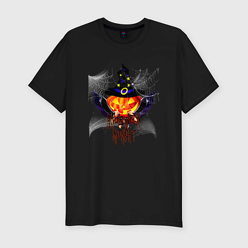 Мужская slim-футболка Scary looking pumpkin with big swords / Черный – фото 1