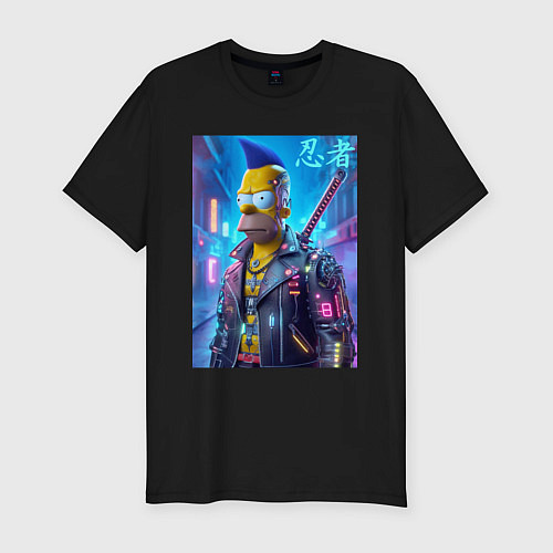 Мужская slim-футболка Cyber ninja Homer Simpson - ai art / Черный – фото 1