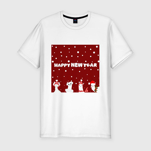 Мужская slim-футболка Новогодние ламы в шапочках / Белый – фото 1