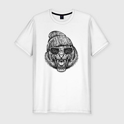 Мужская slim-футболка Тигр рычащий в шапке