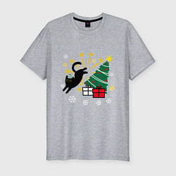 Мужская slim-футболка Кот и елка