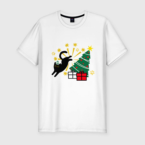Мужская slim-футболка Кот и елка / Белый – фото 1