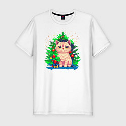 Мужская slim-футболка Милый котик под новогодней елкой