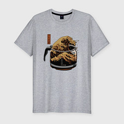 Футболка slim-fit Большая волна в Канагаве в чайнике с кофе, цвет: меланж