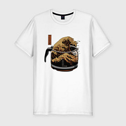 Мужская slim-футболка Большая волна в Канагаве в чайнике с кофе