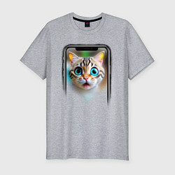 Мужская slim-футболка Кот в смартфоне